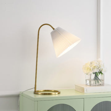 Callie 22" Modern Glam Metal Arc Adjustable Head LED Table Lamp with Pleated Shade - JONATHAN Y